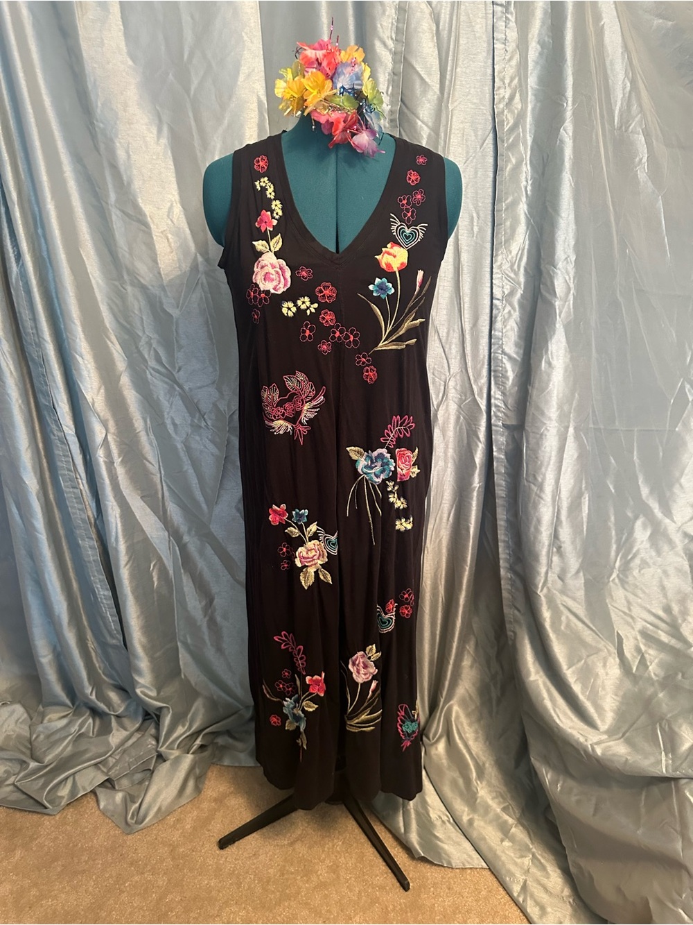 Johnny Was Black Sleeveless V-Neck Maxi Dress with Colorful Floral Embroidery M
